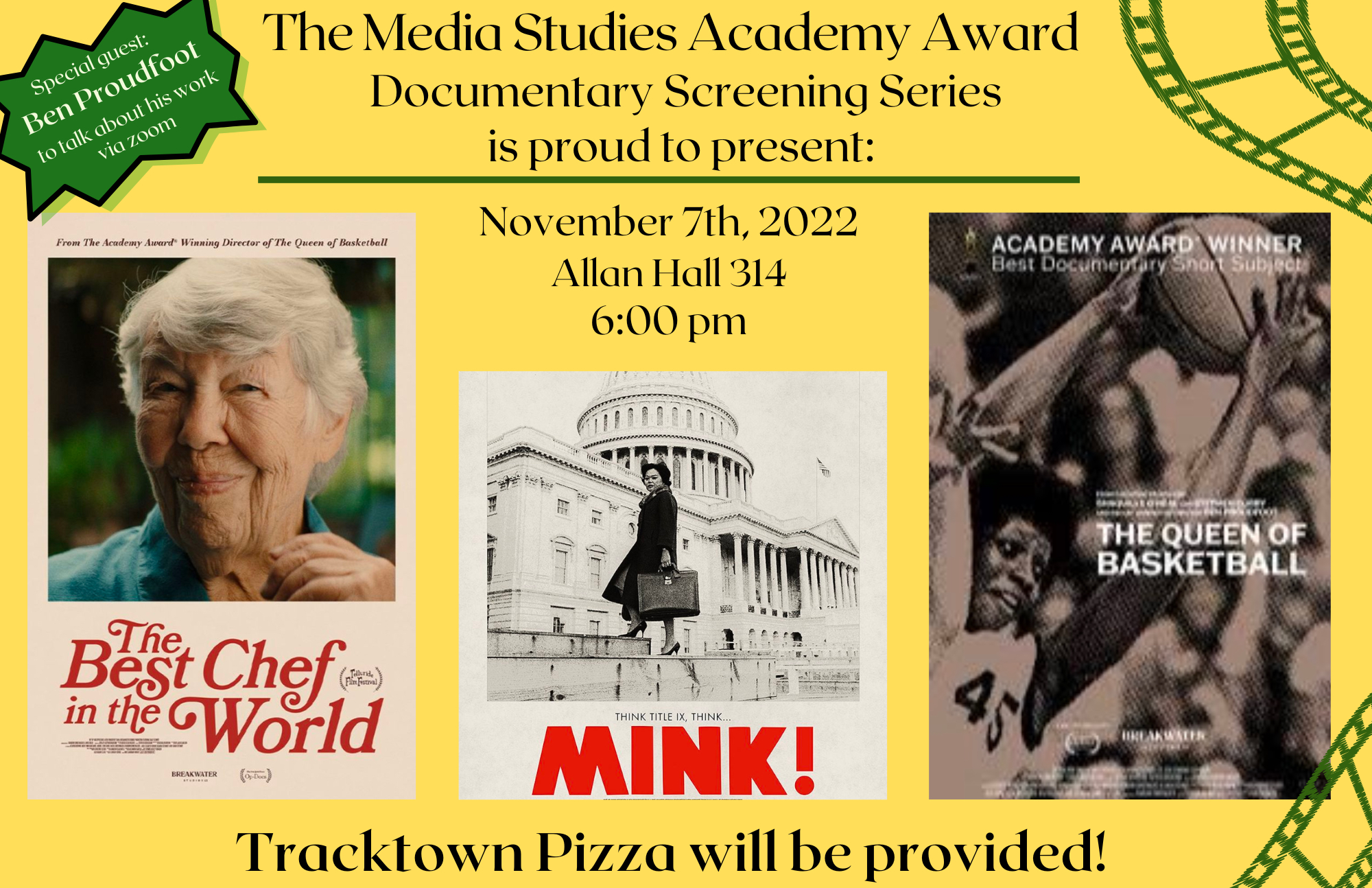 The Media Studies Academy Award Documentary Screening Series is proud to present: The Best Chef in the World, Think Title IX. Think...Mink!, and The Queen of Basketball with special guest Ben Proudfoot who will talk about his work via Zoom. Tracktown Pizz