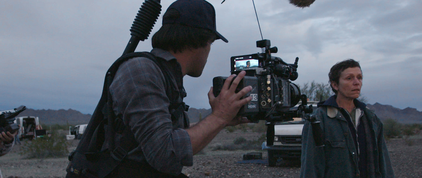 Frances McDormand being filmed on the set of "Nomadland"