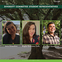 Photos of the three Diversity committee student representatives over a photo of trees on the UO campus