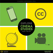 Explore Cinema Studies Spring 2022_Images of a movie camera, globe, Creative Commons Logo, iPhone