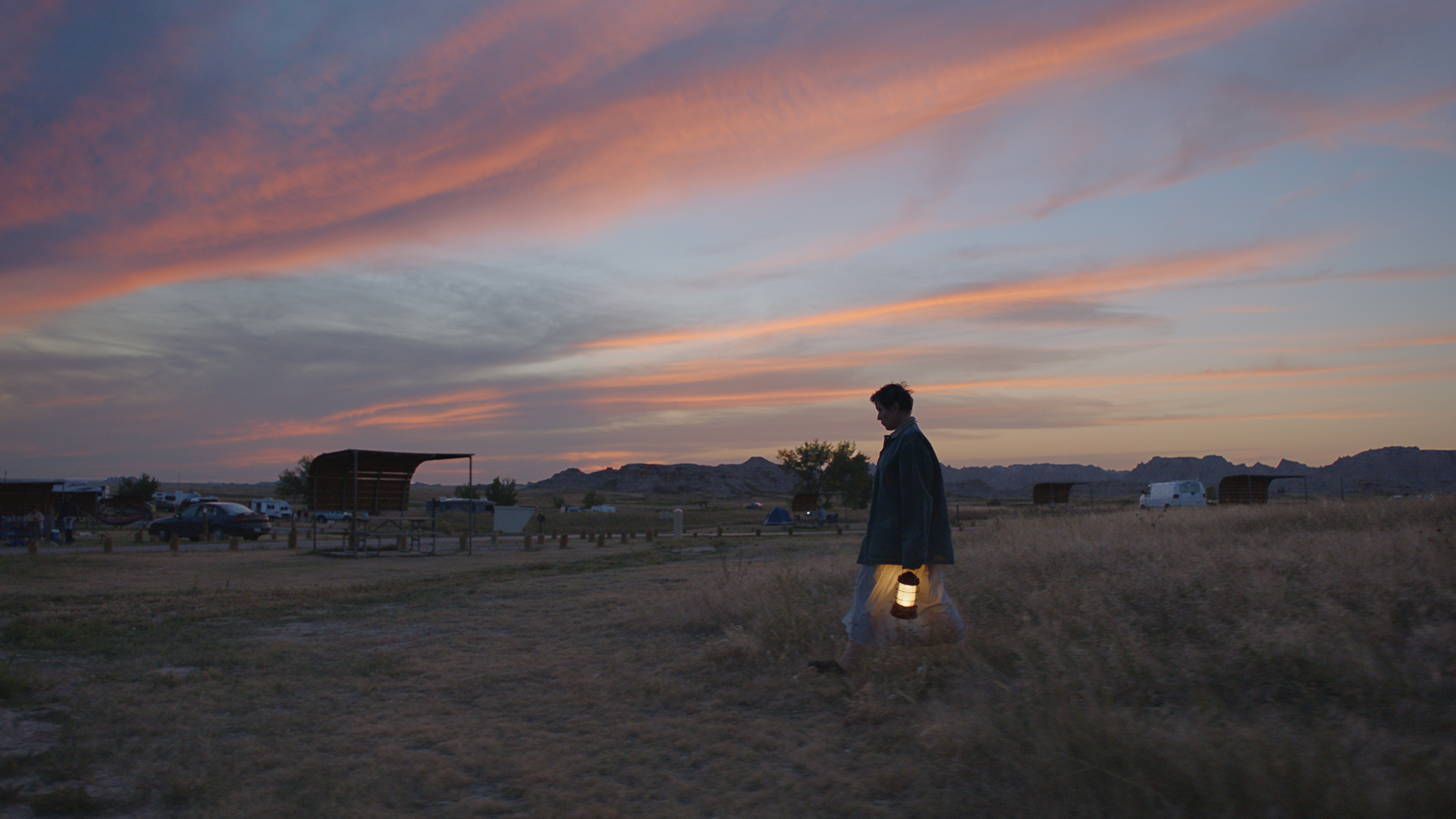 Photo of Frances McDormand walking in a field in "Nomadland"